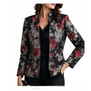 Coldwater Creek Red Black Silver Floral Brocade Mandarin Collar Blazer Size 12